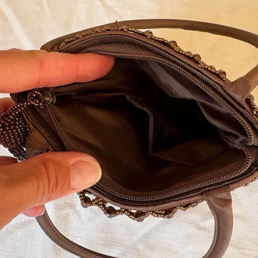 Dark Brown Satin Beaded Mini Bag Purse - Picture 4 of 5